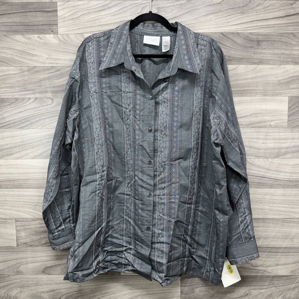 Liz Claiborne Shirt Women's 20W Gray Cotton Floral Striped Long Sleeve Button-Up